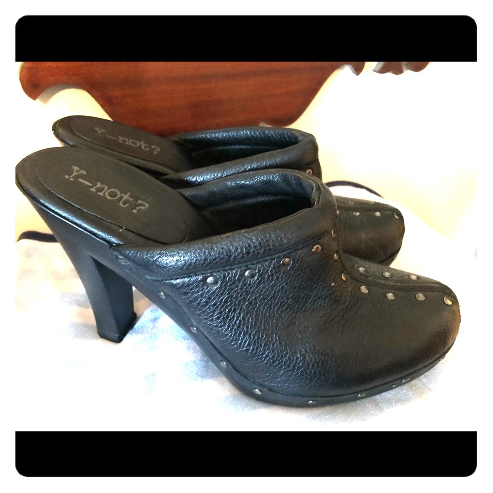 Studded black leather high heeled mules size 8.5